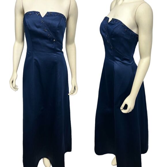 Gorgeous Navy Blue Strapless Prom Dress Formal Floor Length Gown  Flower Detail - Picture 1 of 15